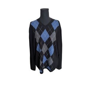 Garret Scott Mens XL Fine Merino Wool Argyle V-Neck Sweater Black Blue Grey